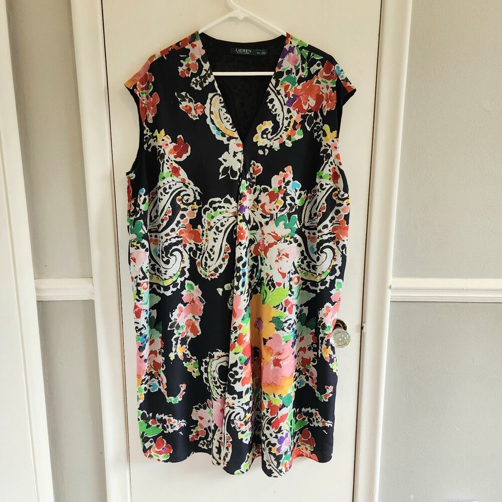 Lauren Ralph Lauren Womens Sleeveless Sheath Dress Sz 16 W Paisley Floral Black
